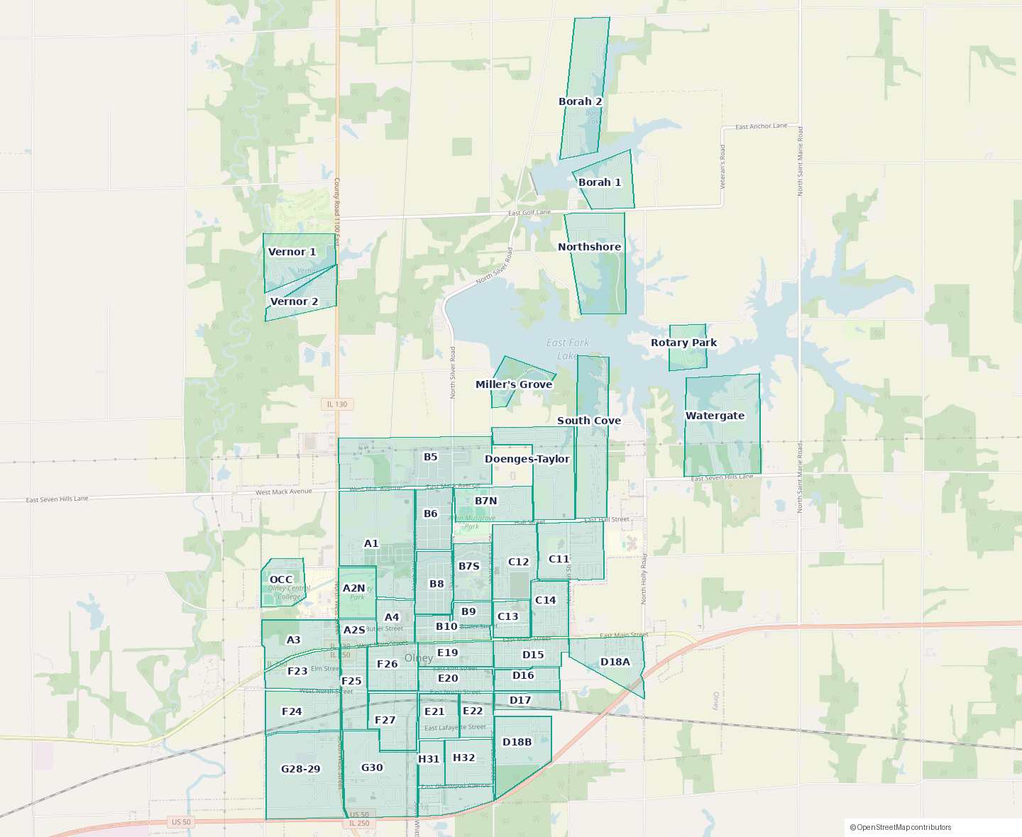 Map of Olney with the City's count routes outlined and labelled, from A1 to H32, plus lake shores and parks