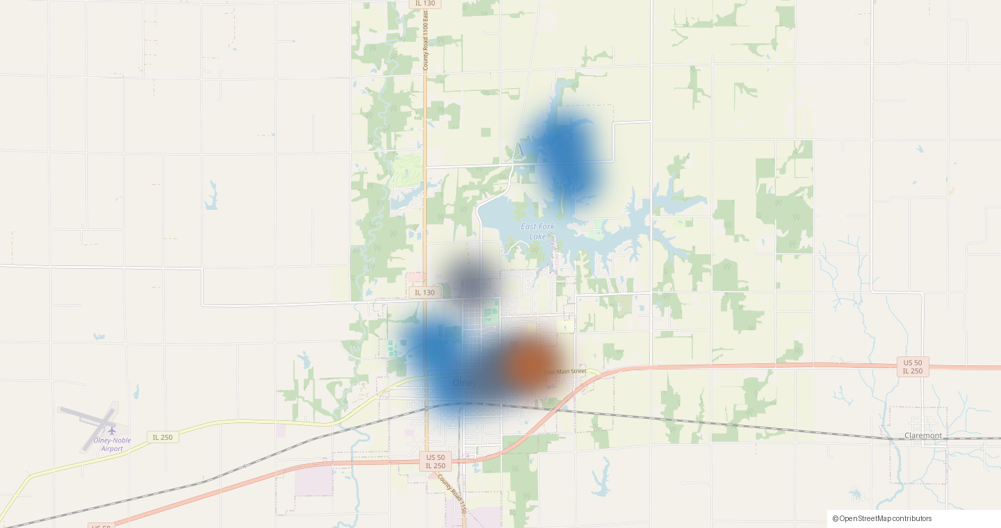 Heat map of squirrel sightings in Olney: white squirrels in blue around the city park and north of East Fork Lake, gray and fox squirrels near downtown