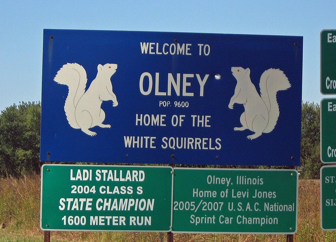 Road sign: Welcome to Olney, pop. 9600, Home of the White Squirrels, with two white squirrels painted on a blue background