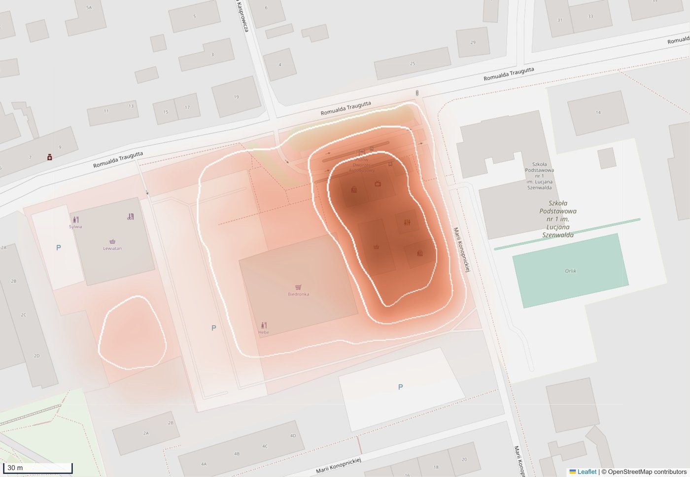 Map of Pszów bus station and market square shaded by how many residents included each spot in the area that needs the biggest change; the darkest core covers the station kiosks and the yard behind them