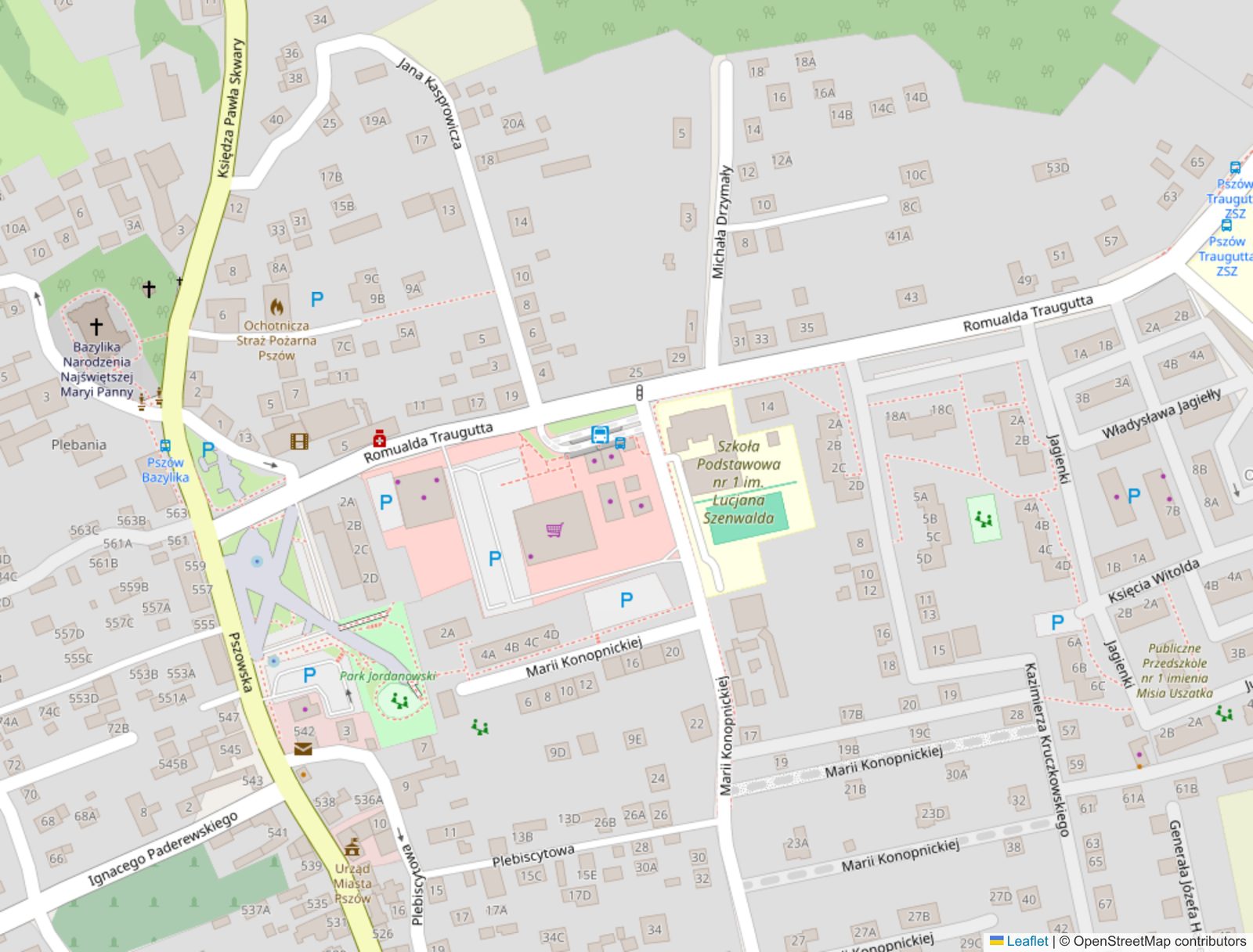 Map of the centre of Pszów: the bus station and the market square on Romualda Traugutta street, the basilica to the west and the primary school to the east