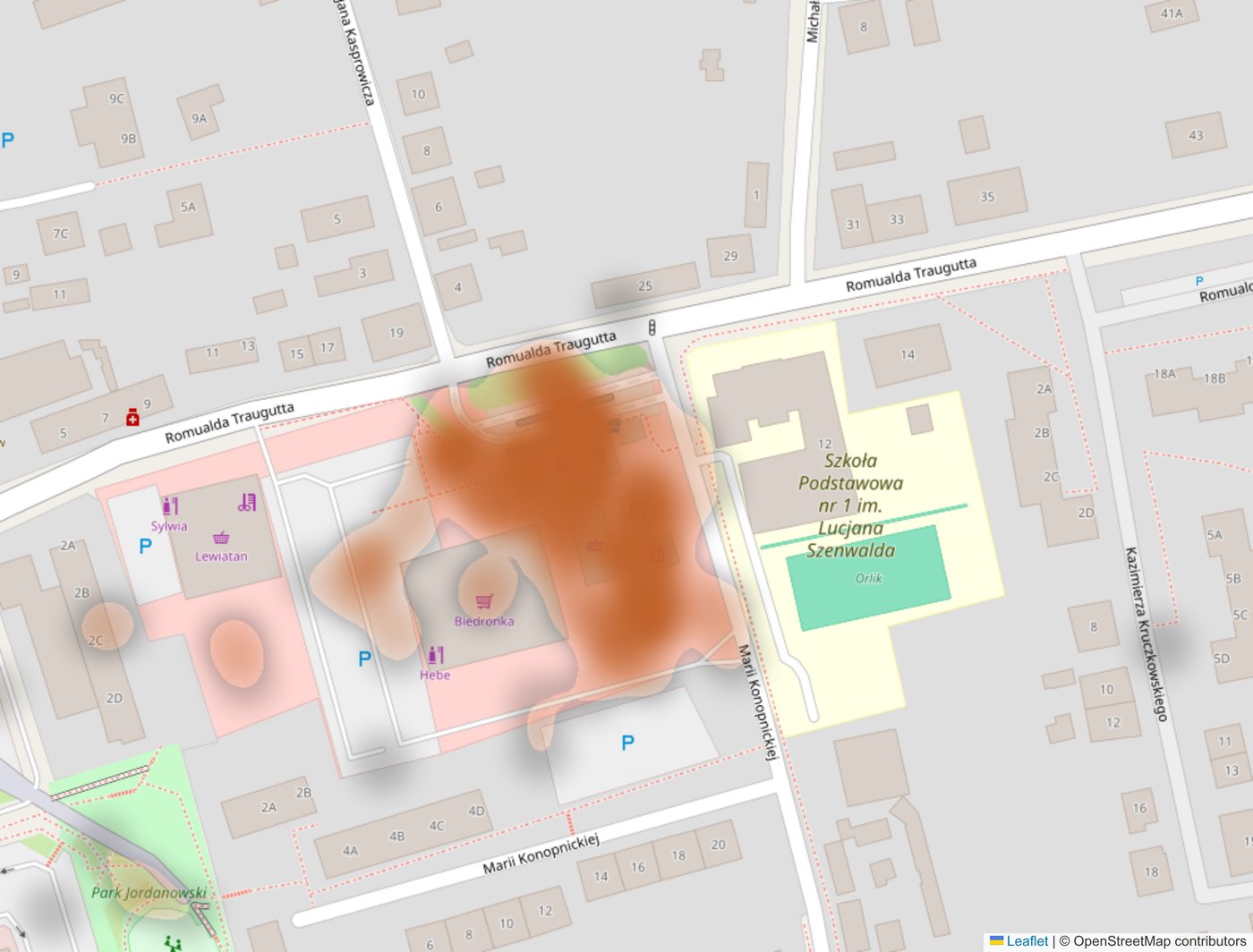 Heat map of residents' marks in Pszów, concentrated on the bus station and the market square between Romualda Traugutta and Marii Konopnickiej streets