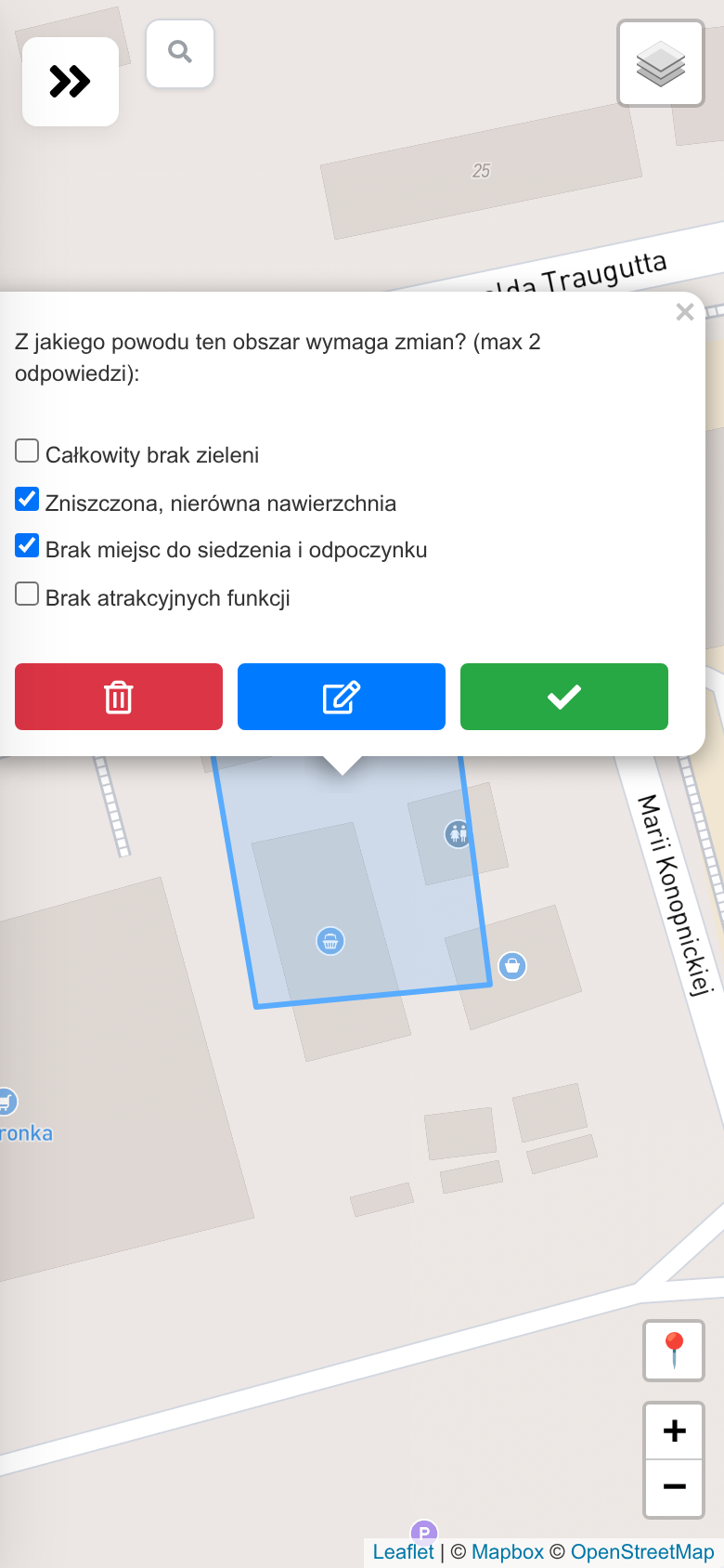 An outline around the station kiosks and the follow-up question in Polish: why does this area need change? Broken, uneven surface and nowhere to sit are ticked.