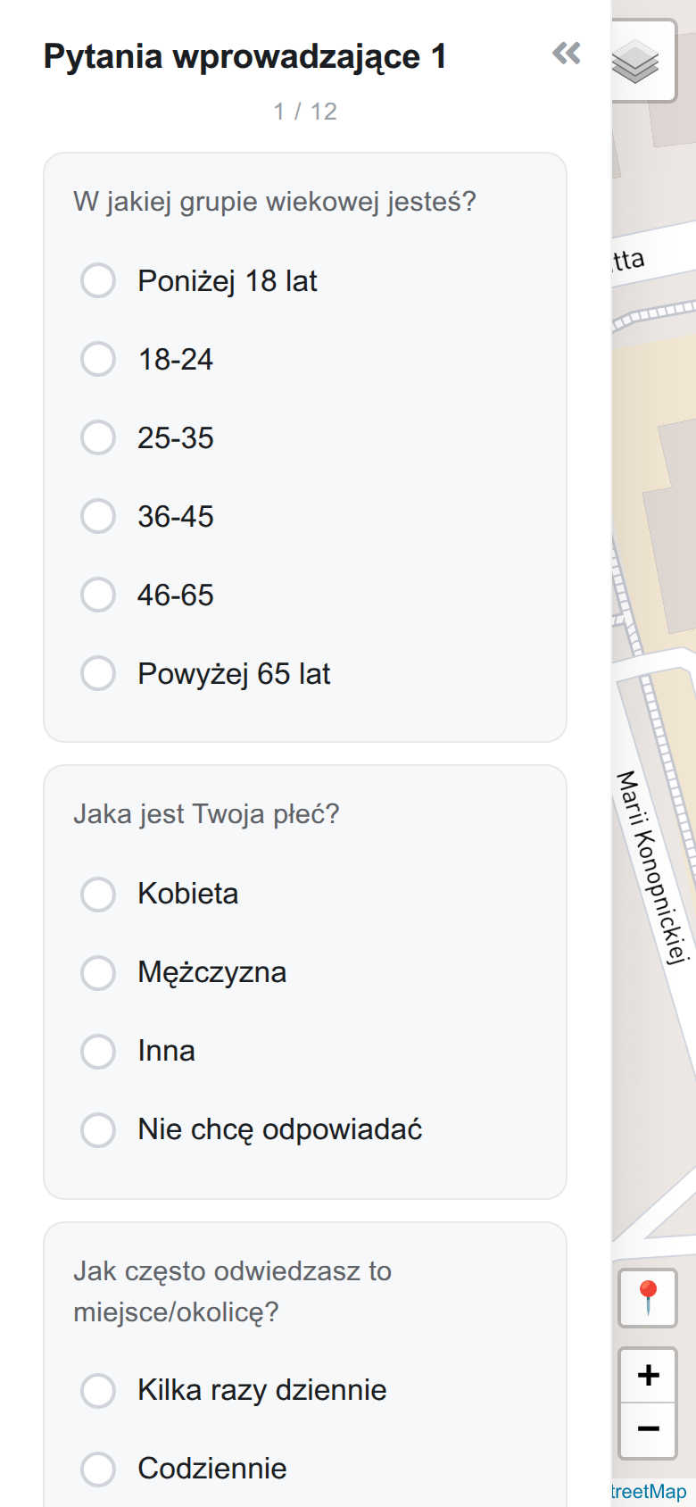 The first page of the survey, in Polish: age group, gender, how often you visit.