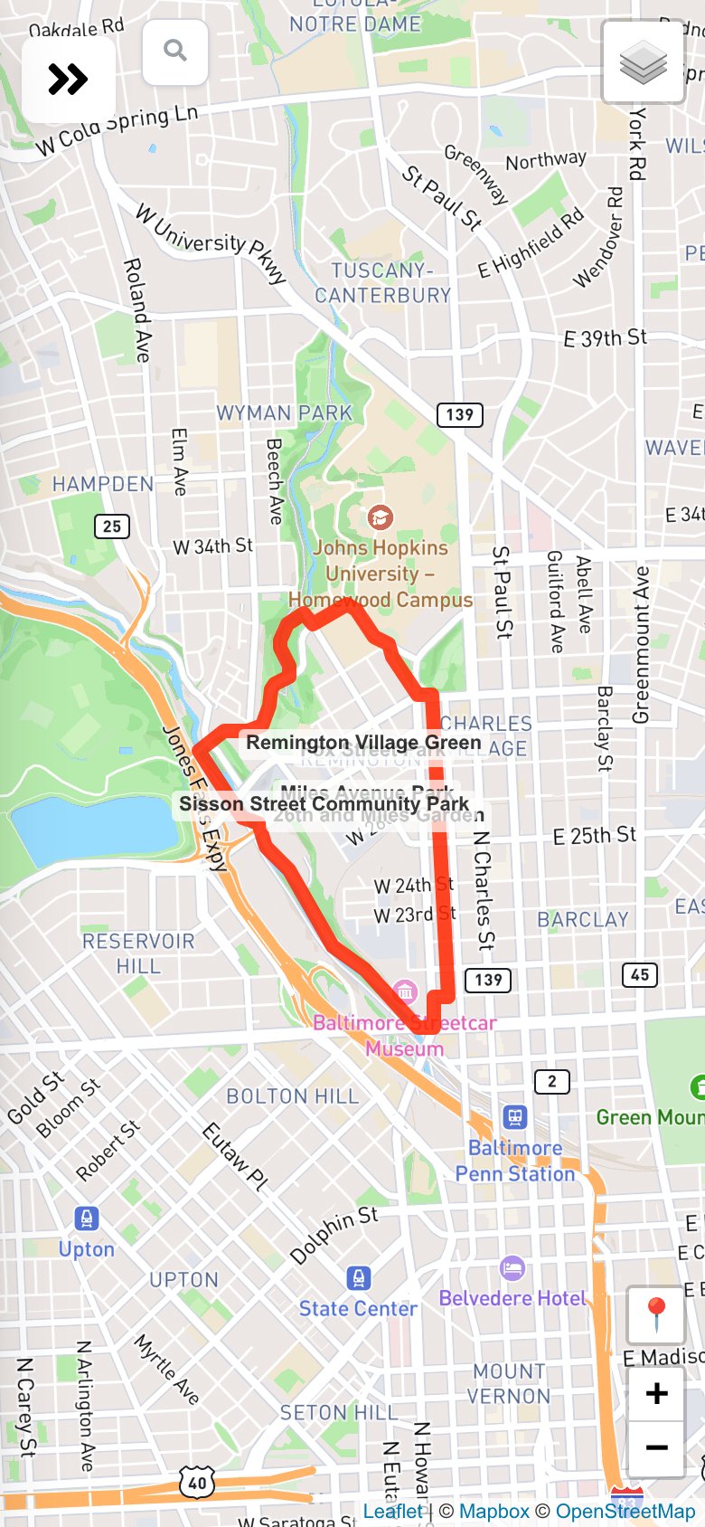 The map with the GRIA boundary in red and the green spaces filled in.