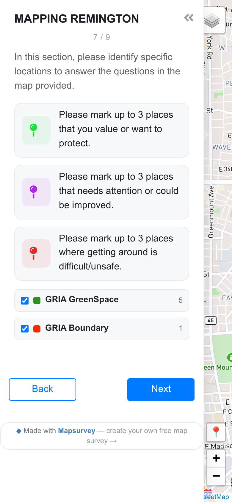 The mapping page: three pin questions and the two reference layers.
