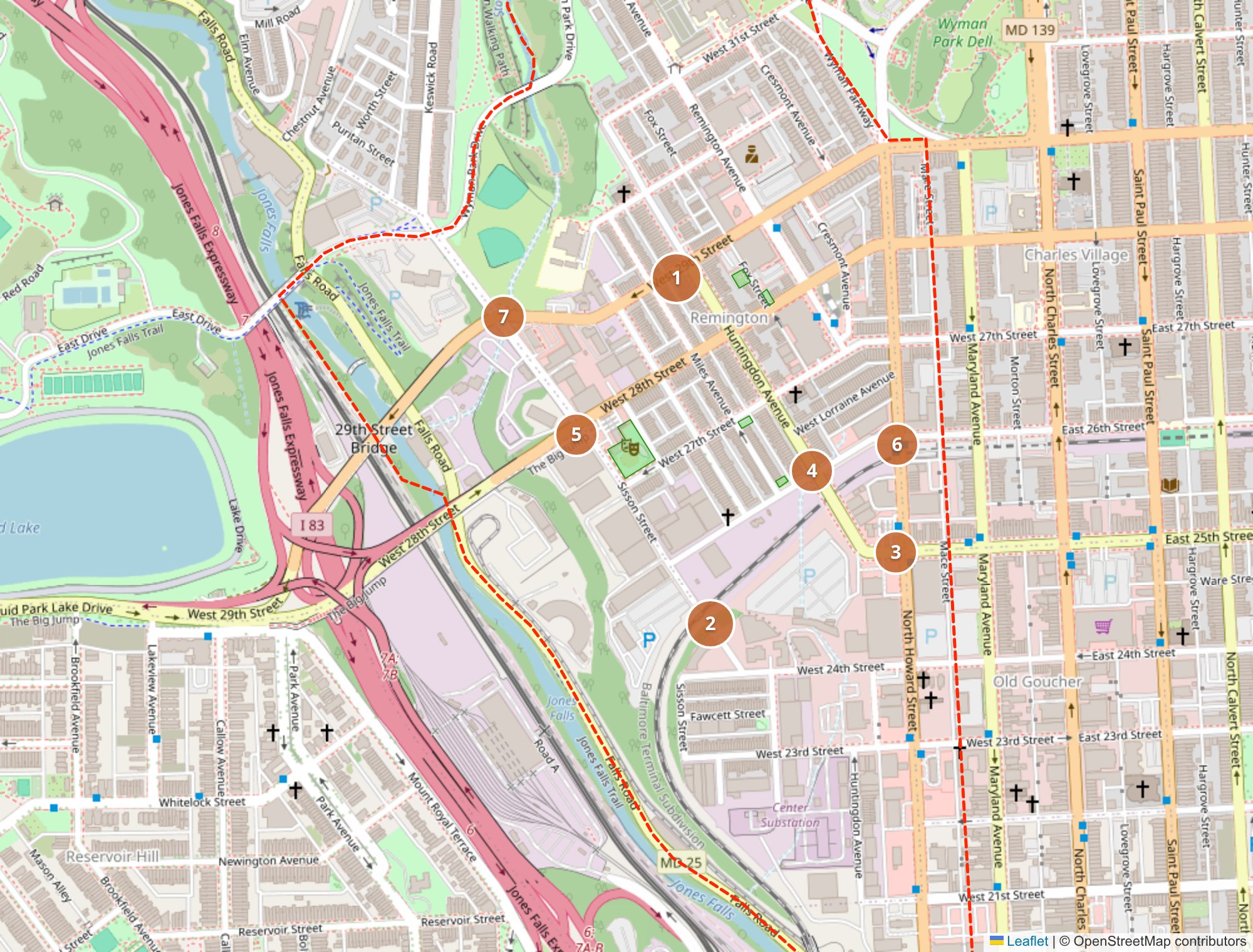 Map of Remington with the seven places residents most often marked as difficult or unsafe to get around, numbered by pin count; the largest circle is the crossing of 29th Street and Huntingdon Avenue, the second the closed Sisson Street bridge