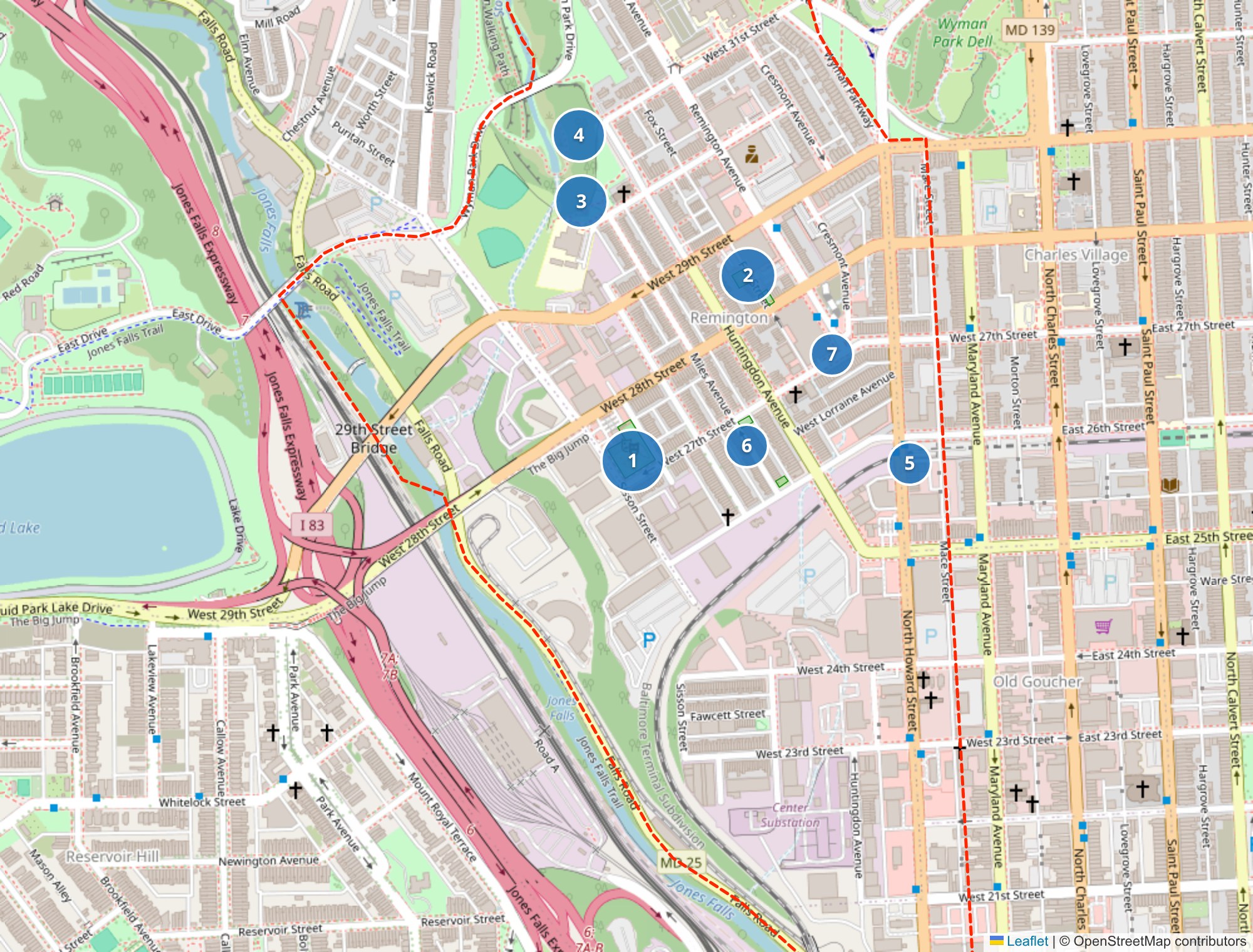 Map of Remington with the seven places residents most often marked as valued, numbered by pin count; the four largest circles sit on Sisson Street Park, the Village Green, the 29th Street playground and the Stony Run trail