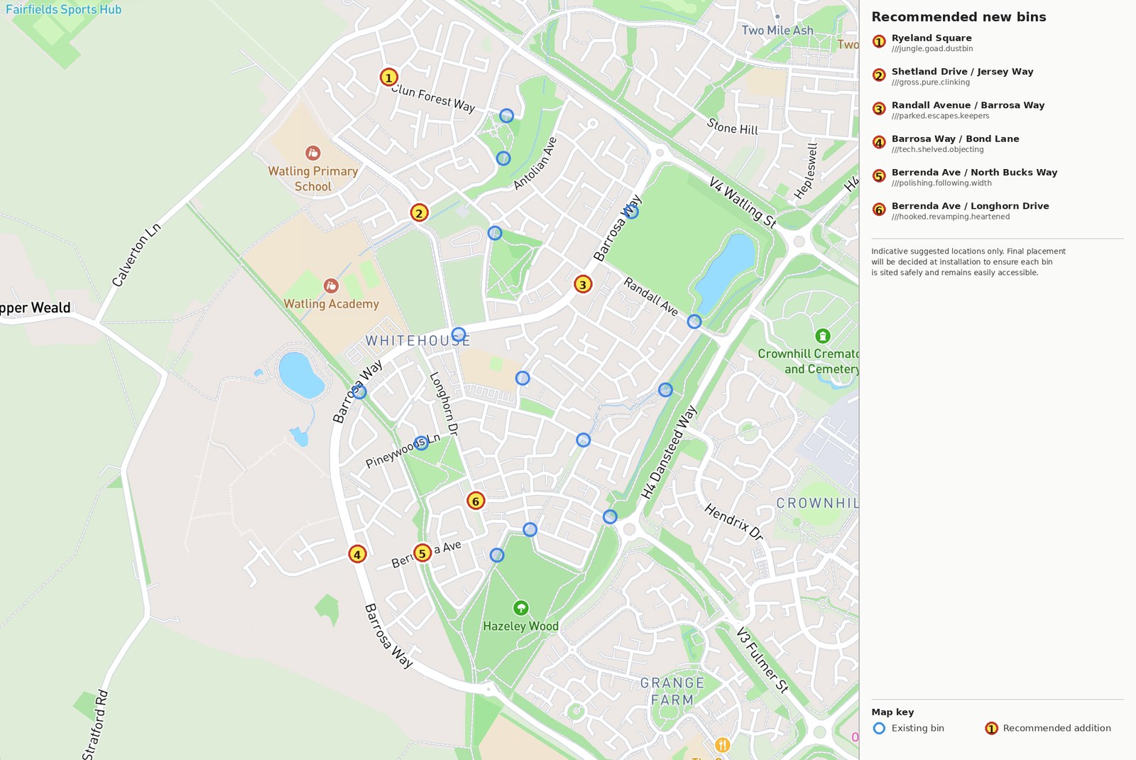 The council's map of Whitehouse: the 14 existing dog bins as blue circles and the six recommended new bins as numbered yellow markers, with their locations listed
