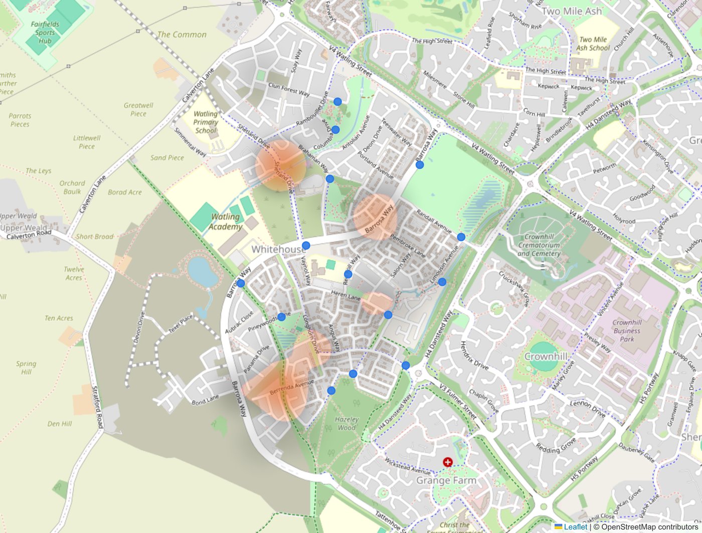 Heat map of Whitehouse: where residents suggested additional dog bins, with the existing bins as blue dots