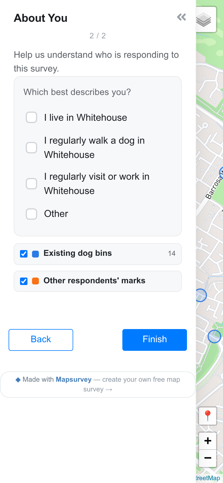 The second page of the survey, asking who is answering.