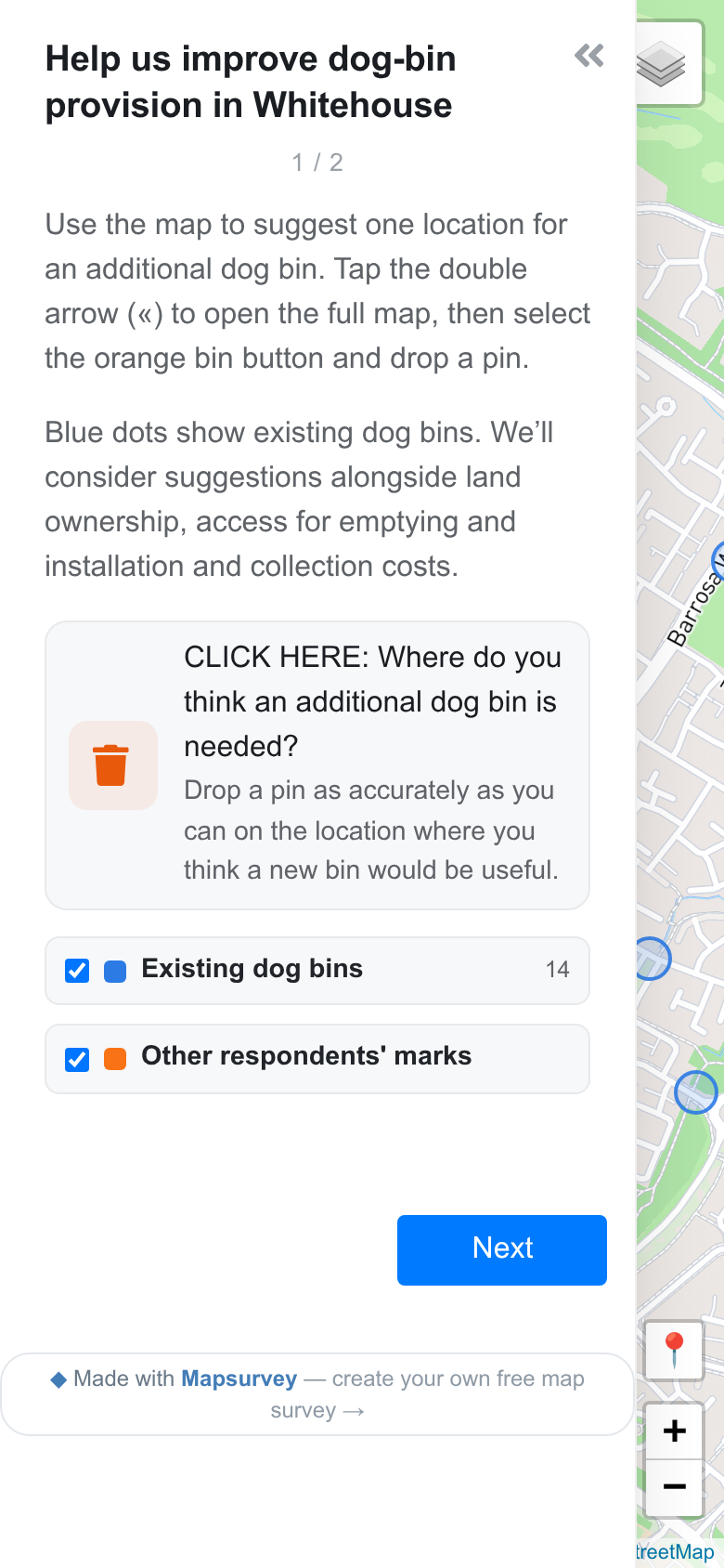 The first page of the survey: the instructions, the orange pin button and the layer of existing dog bins.