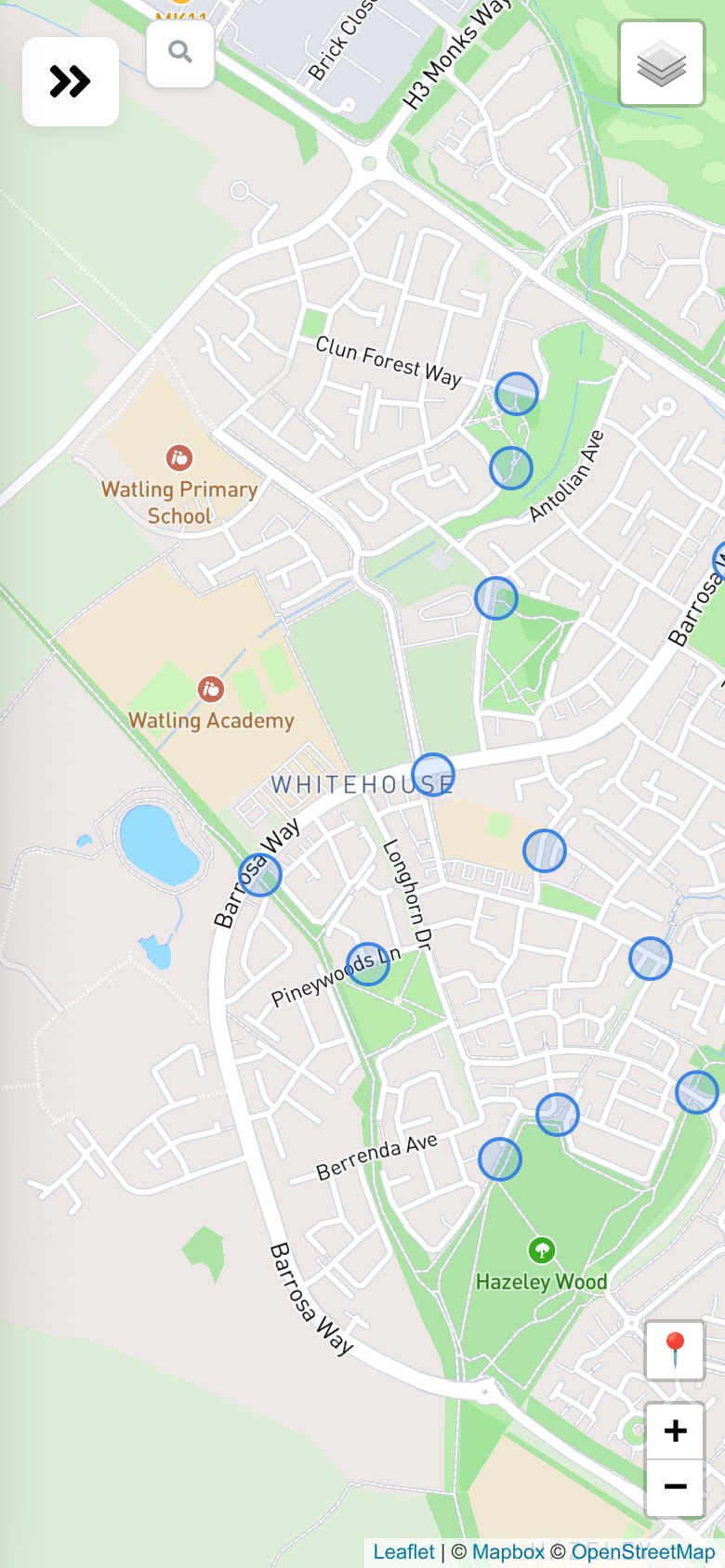 The map of Whitehouse with the fourteen existing dog bins as blue dots.