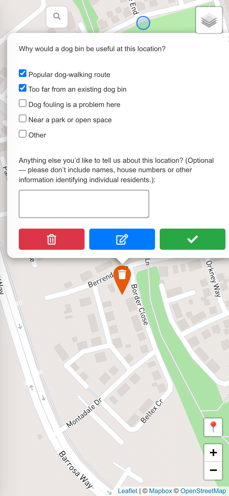 A pin dropped on Berrenda Avenue with the pop-up asking why a bin would be useful there and for an optional comment.